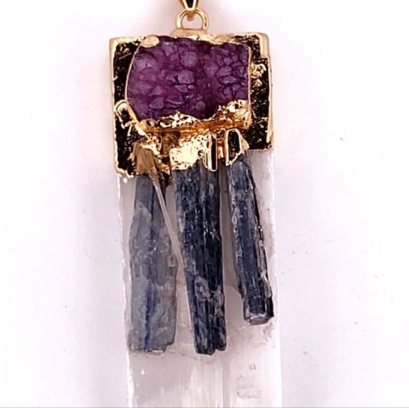 Natural Kyanite, Selenite & Purple Geode Crystal Gold Necklace NKSPUGCGN3 - Picture 5 of 5